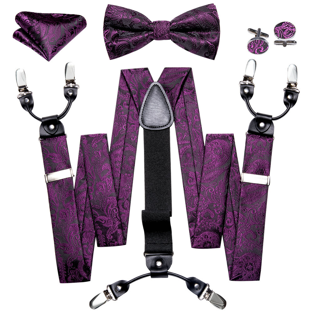 Bow Tie Pre Tied - Bretels voor herenbroeken, exquisiete pruimenpaarse bloemenjacquard,
